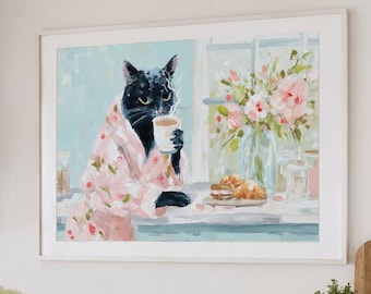 Cat Coffee, Floral Printable Print, Whimsical Impressionist Black Cat, French Pastel Feminine Morning Kitchen Wall Art Decor Pink Green