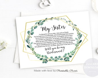 sister proposal poem printable greenery 7x5 instant digital card gold diy print wedding