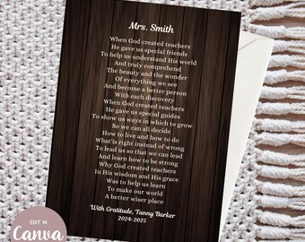 Christian Teacher Gift Printable Card, Editable in Canva, Poem for Teachers Appreciation, God Created Teachers  Download
