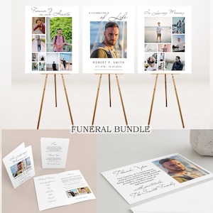 Ensemble de kits de modèles pour funérailles, montage sur toile, affiches avec collage photo, plaque de bienvenue, brochure nécrologique, cartes de remerciement, funérailles minimalistes