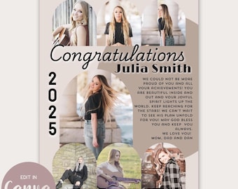 May include: A graduation announcement with a collage of photos of a young woman. The announcement features a peach background with a brown archway design. The text reads "Congratulations Julia Smith 2025". The text also includes a message to the graduate from her parents.