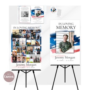 Bundelsjablonen begrafenisprogramma, bewerken in canva, militaire veteraan viering van het leven poster fotobord, welkomstbord, brochure gebedskaart