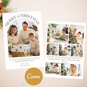 Puede incluir: Una tarjeta de Navidad con una familia de tres personas con una caja de regalo dorada y el texto "Merry Christmas 2024" y "May peace of God be upon you and your family this holiday season! With love, The Miller's". La tarjeta tambi&eacute;n incluye un collage de fotos de la familia celebrando la Navidad.