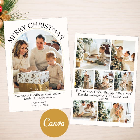 Christian Christmas Card Template with Bible Verse,  Editable Canva Design, Instant Download Scripture Family Photo, Modern Religious Card