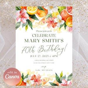 Modèle d'invitation imprimable agrumes pour 70e anniversaire, brunch d'anniversaire, carte numérique modifiable CANVA, téléchargement immédiat floral orange rose