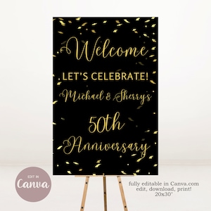 50th ANNIVERSARY Welcome Sign, Poster Party Printable Editable Decorations 50 Years Golden 20X30 Instant Download Gold Black, CANVA TEMPLATE