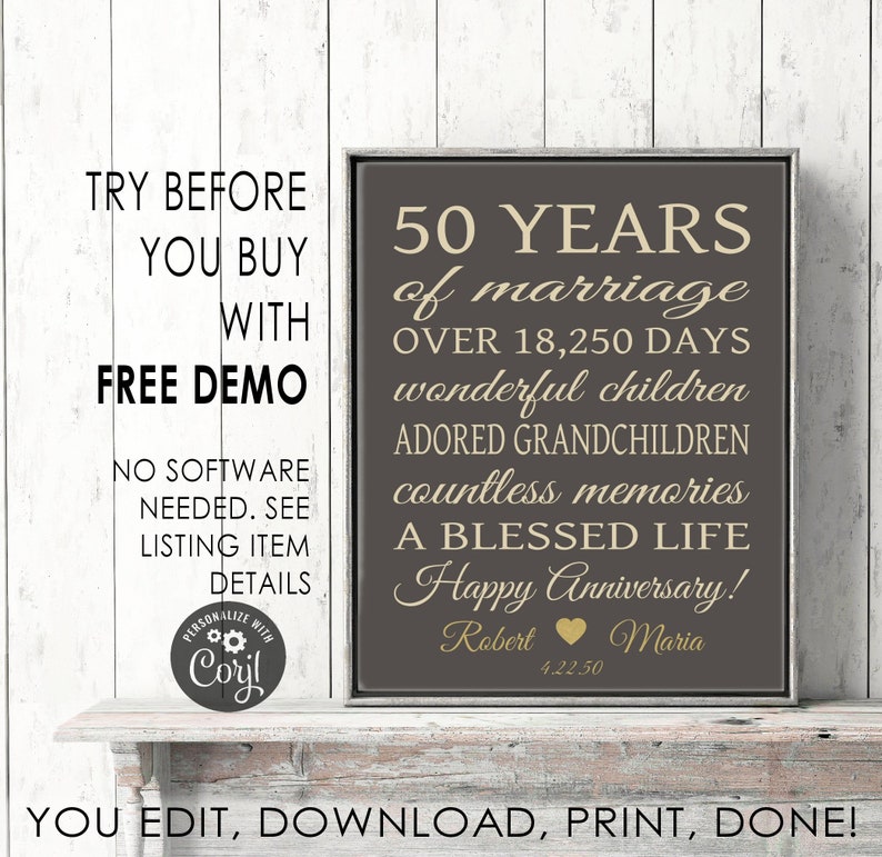 50th ANNIVERSARY Personalized Printable Print Editable Sign Instant Download Template Print and Frame or Make a Card image 3