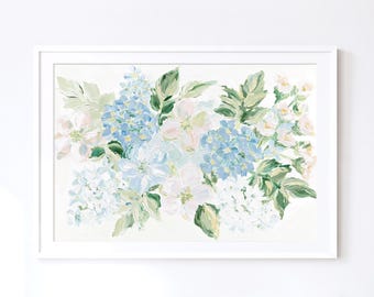 Blue Hydrangea Printable Print, Bouquet Oil Painting Texture Effect, Green Cottagecore Wall Art, Grandmillennial Art, Coastal Decor