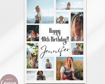 誕生日のサイン印刷可能、写真コラージュCanvaテンプレートカスタムハッピー40歳の誕生日ポスターまたはカード、ミニマリストモダンフォトボード、パーティーデコレーション