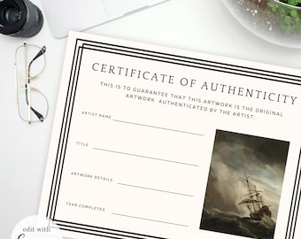 Certificate of Authenticity, Editable CANVA Template, Printable 8.5x11" Edit and Print Artist Certificate Proof for Art Authentic Art