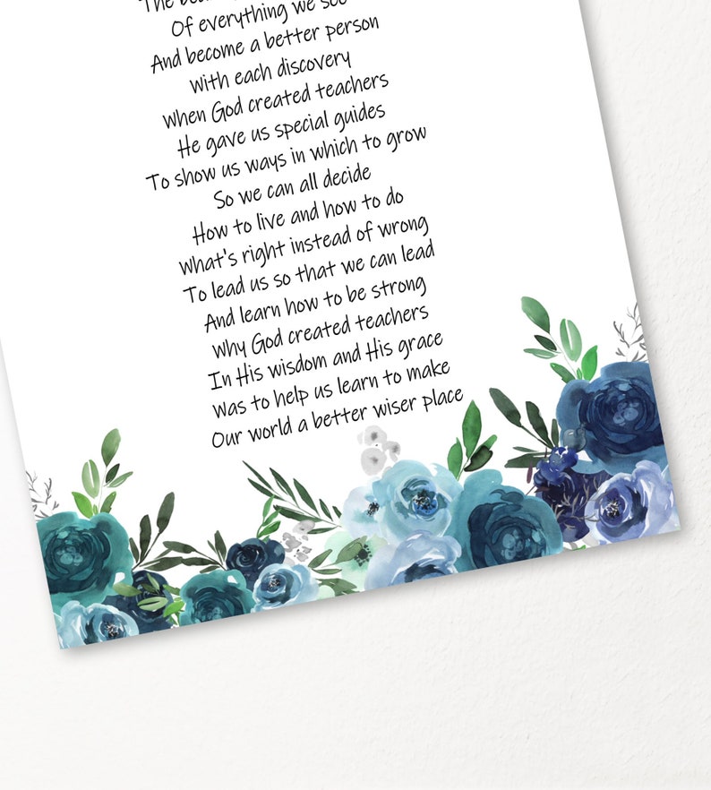 TEACHER GIFT Christian Religious Poem God Created Teachers PRINTABLE Diy Watercolor Greenery Floral Instant Download Print End of School image 2