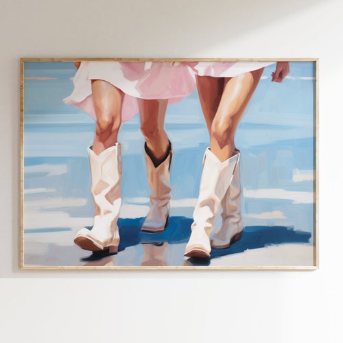 Affiche de bottes de cow-girl décoration côtière occidentale imprimable art mural bohème rétro esthétique vintage plage tendance dortoir fille art bleu rose 24 x 36