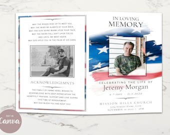 Funeral Program CANVA Editable Template, VETERAN, Military, Celebration of Life Instant Downloadable File, Obituary, Printable Edit Brochure