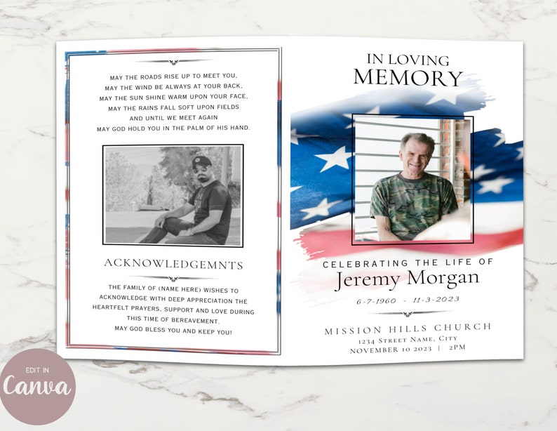 Peut inclure: Un programme fun&eacute;raire pli&eacute; avec un motif de drapeau am&eacute;ricain. Le recto affiche une photo de Jeremy Morgan, des dates et les d&eacute;tails de l'&eacute;glise. L'int&eacute;rieur comprend une photo en noir et blanc, une b&eacute;n&eacute;diction et une section de remerciements.