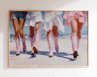 Coastal Cowgirl 4 Girls Printable Poster Print, Pink Boots Dorm Room Wall Art Decor, Denim & Dresses, Digital Download Aesthetic Blue Pink