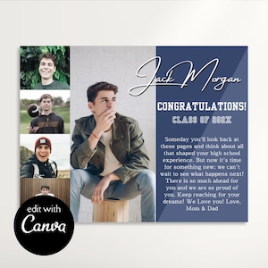 Yearbook Ad Template Guys HALF PAGE edit Canva, Senior High School Graduation Grad Monogram Custom 1/2 Photo Collage Tribute Editable