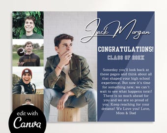 Yearbook Ad Template Guys HALF PAGE edit Canva, Senior High School Graduation Grad Monogram Custom 1/2 Photo Collage Tribute Editable