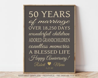 50th ANNIVERSARY Personalized Printable Print - Editable Sign - Instant Download - Template - Print and Frame or Make a Card