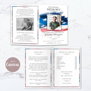 Peut inclure: Un mod&egrave;le de programme fun&eacute;raire avec un motif de drapeau am&eacute;ricain patriotique. La couverture affiche la photo d'un homme, le texte IN LOVING MEMORY et Jeremy Morgan. Les pages int&eacute;rieures incluent une notice n&eacute;crologique et le d&eacute;roulement.