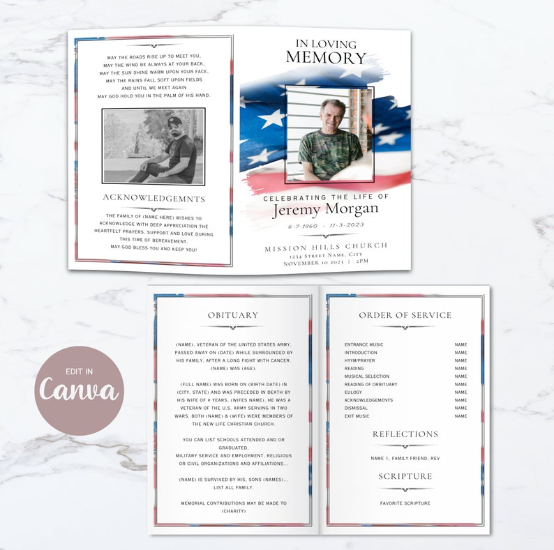 Peut inclure: Un mod&egrave;le de programme fun&eacute;raire avec un motif de drapeau am&eacute;ricain patriotique. La couverture affiche la photo d'un homme, le texte IN LOVING MEMORY et Jeremy Morgan. Les pages int&eacute;rieures incluent une notice n&eacute;crologique et le d&eacute;roulement.