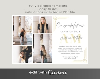 Canva YEARBOOK AD Template, Half Page Layout, 2026 You edit Gold White Custom Girls Senior Graduate High School Editable Template Ad