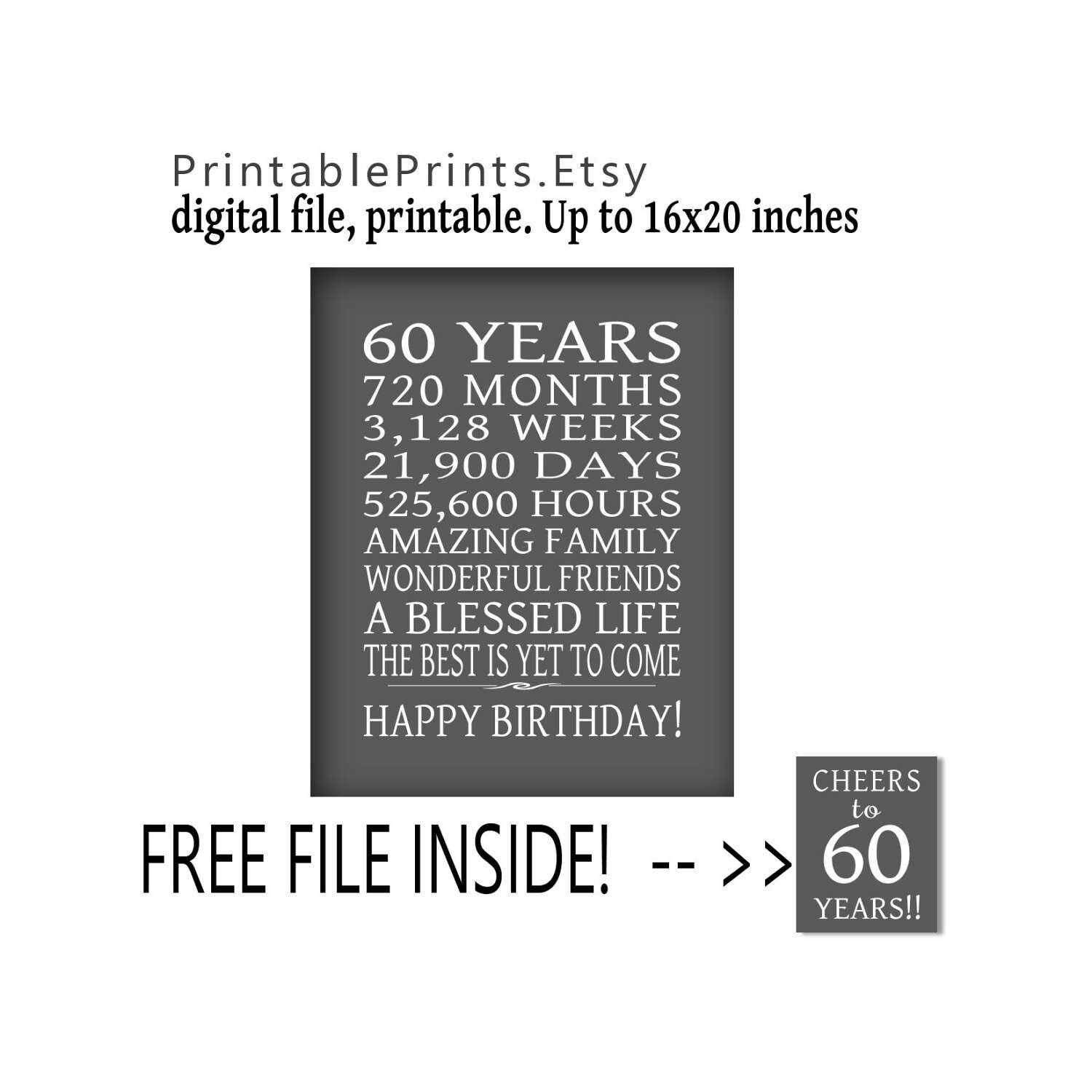 60 Year Birthday Gift 60th Birthday Sign FREE PRINTABLE | Etsy
