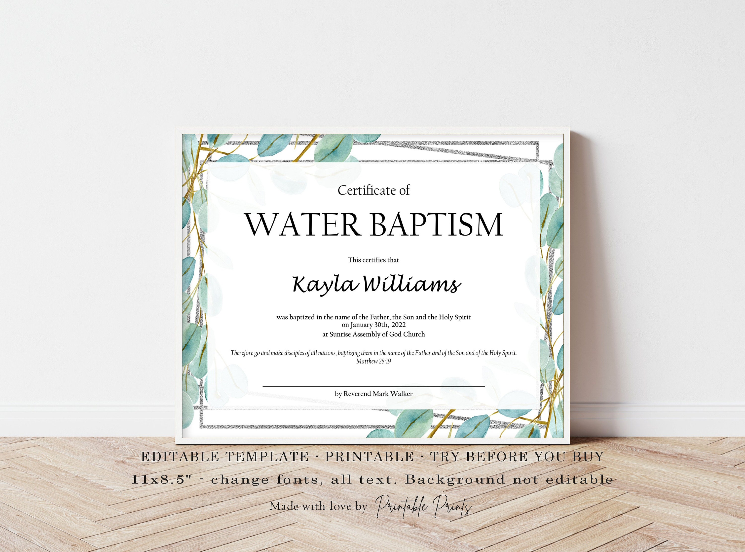 Water Baptism Printable Certificate Editable Template - Etsy Canada
