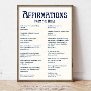 DAILY AFFIRMATIONS Retro Navy Blue Trendy Wall Art Printable Prints, Bible Verse Affirmations, Christian Scriptures Poster Digital