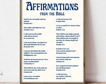 DAILY AFFIRMATIONS Retro Navy Blue Trendy Wall Art Printable Prints, Bible Verse Affirmations, Christian Scriptures Poster Digital