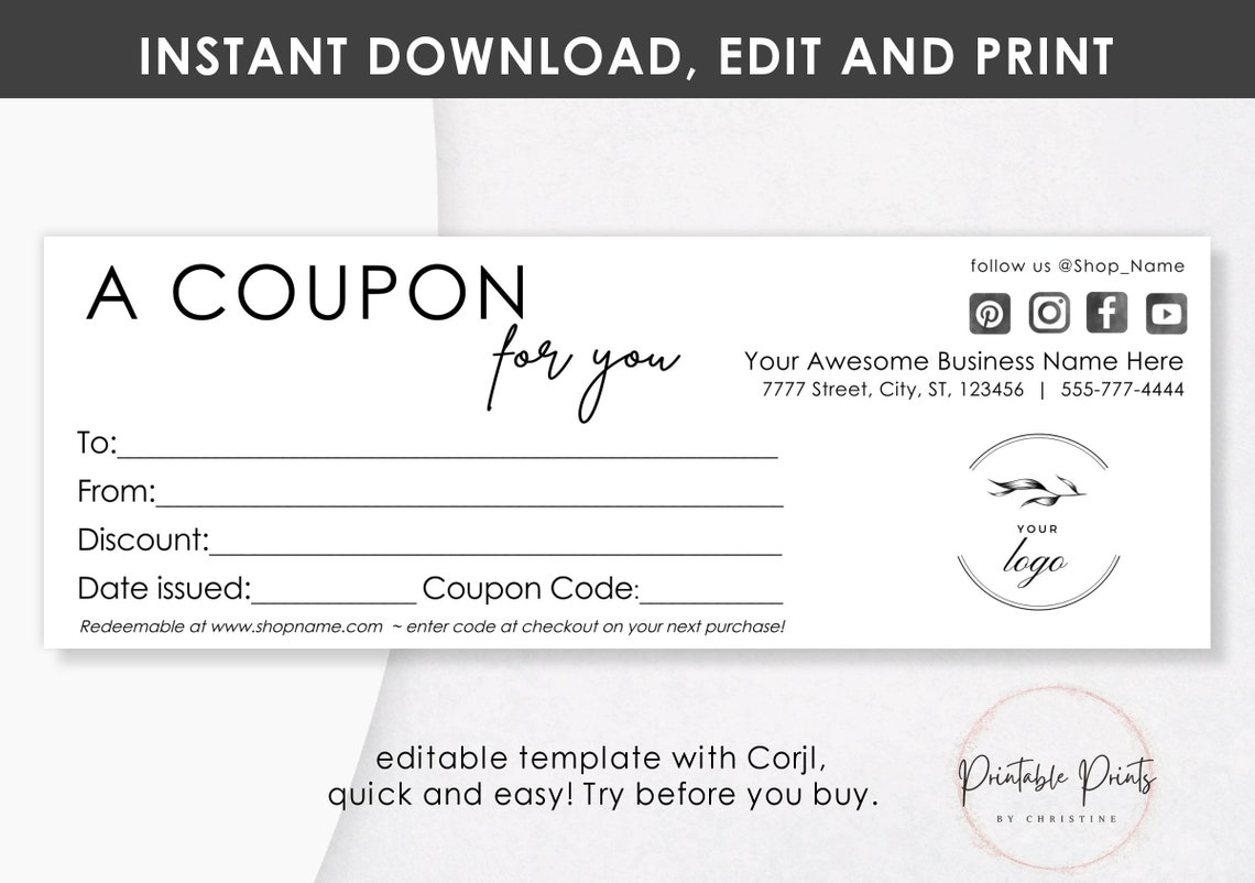 Minimalist COUPON Template Editable Printable Coupons for Etsy