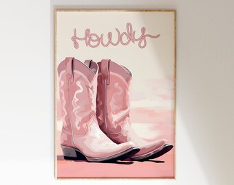 Lámina artística "Hola, botas vaqueras rosas": Decoración de dormitorio vaquera costera (descarga digital)