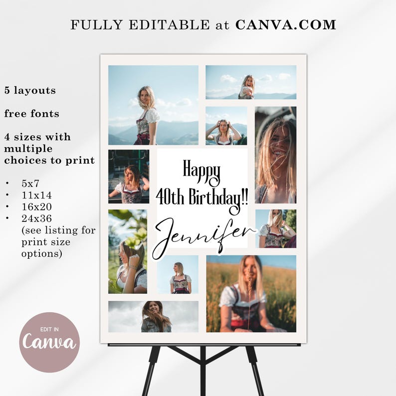 May include: A white printable collage template with a photo grid featuring a woman in a traditional dress. The text "Happy 40th Birthday!! Jennifer" is written in black cursive font.