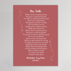 Cadeau de Noël pour professeur chrétien, modifiable sur toile, carte imprimable ou oeuvre d'art, poème pour l'appréciation des enseignants, Dieu a créé les enseignants à télécharger