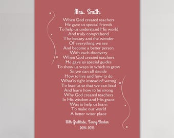 Christian TEACHER Christmas GIFT, Editable in Canva, PRINTABLE Card or Art, Poem for Teachers Appreciation, God Created Teachers  Download