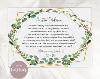Godparent Proposal Card: Editable Poem, Greenery Wreath (Canva.com)
