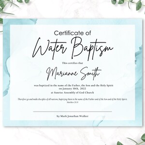 BAPTISM CERTIFICATE, Printable Template, Editable Digital Download, Modern Personalized, Certificate Gift, Edit and Print, Blue Watercolor image 3