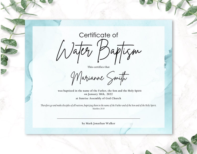 BAPTISM CERTIFICATE, Printable Template, Editable Digital Download, Modern Personalized, Certificate Gift, Edit and Print, Blue Watercolor image 3