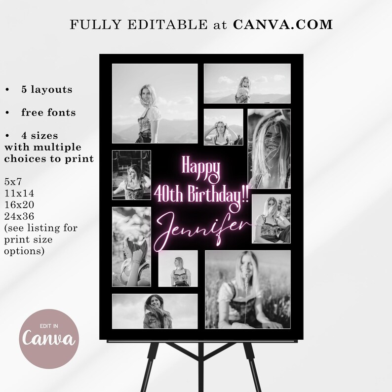 May include: A black and white photo collage with a pink neon 'Happy 40th Birthday!' and the name 'Jennifer' in pink neon. The collage is made up of 9 photos of a person in various poses.