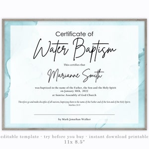 BAPTISM CERTIFICATE, Printable Template, Editable Digital Download, Modern Personalized, Certificate Gift, Edit and Print, Blue Watercolor image 1