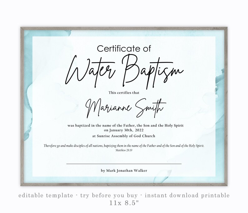 BAPTISM CERTIFICATE, Printable Template, Editable Digital Download, Modern Personalized, Certificate Gift, Edit and Print, Blue Watercolor image 1