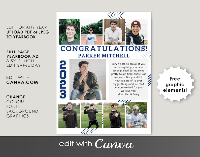 YEARBOOK AD Template Full Page CANVA, Editable Layout, Guys Modern Senior High School Graduate 2024 Add your Photos 8.5x11 inch Grad Custom image 2