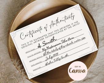 Certificate of Authenticity Template Small, for Artists Artwork, editable in CANVA Instant Digital Download  4x6" Modern Minimalist +Bonus