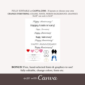 May include: Editable digital template for an anniversary card. The template features the text "Happy Anniversary!" in various fonts and sizes, along with hearts, infinity symbols, and birds. The text "BONUS! Free, hand-selected fonts & graphics to use! fully editable, change colors, fonts etc." is also included. The template can be edited using Canva.