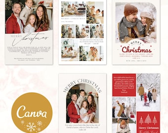 Paquete de tarjetas navideñas cristianas con versículos bíblicos, plantilla de Canva, fotos familiares personalizables y editables, versículos bíblicos religiosos, estilo minimalista moderno
