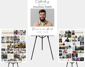 May include: Three black easels displaying memorial posters with photos of a man. The centre poster has a photo of the man and the text "Celebrating the life of Jonathan Smith" and "Forever in our hearts 3.4.48 7.13.24". The posters on the left and right have a collage of photos of the man.