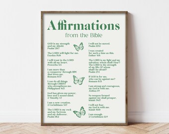 Scripture Affirmations Sage Green Butterflies Retro Trendy Preppy Affirmations Printable Art Poster Bible Verses Boho  Positivity Download