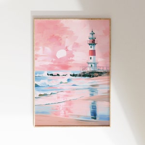 Póster imprimible con pintura de faro en rosa y azul, impresión costera, decoración de pared con puesta de sol de verano y vaquera preppy estética, descarga digital