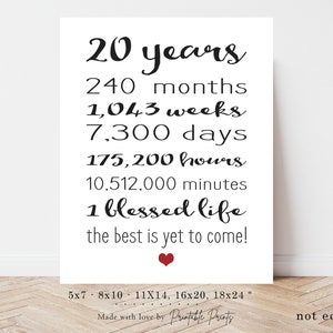 20º aniversário, PLACA PARA IMPRIMIR, Presente rápido, Placa para festa, Grande ou pequena, Download instantâneo, 20º aniversário