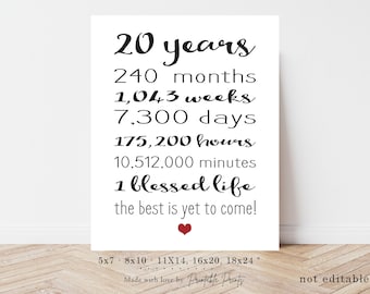 20th Anniversary, PRINTABLE SIGN, Quick Gift, Party Sign, Large or Small, Instant Download, 20 Year Anniversary