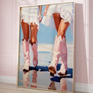 Coastal Cowgirl Stiefel Beachy Poster, printable Print, blau rosa trendige, Preppy Cowgirl Wohnheim Zimmer Wand Kunst, digitaler Download Ästhetik